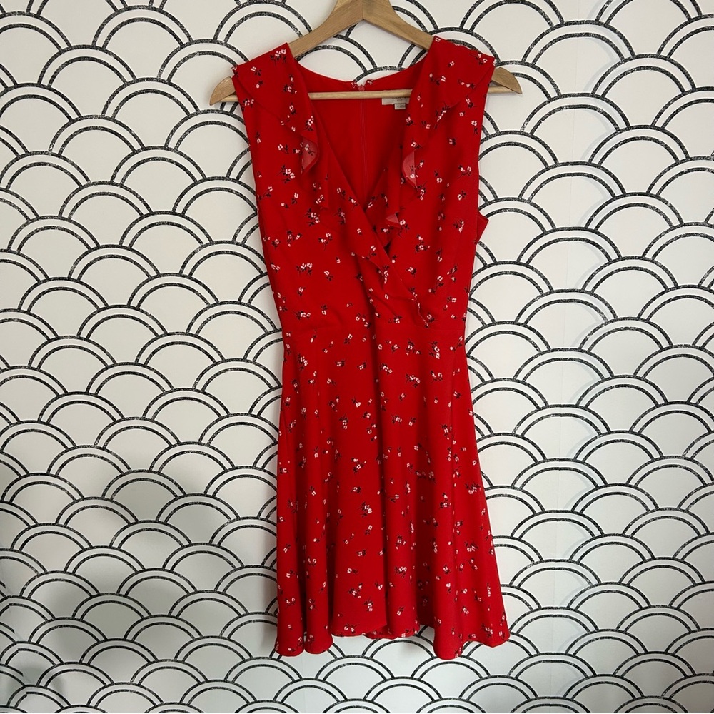 LOFT Red Floral Meadow Wrap Sleeveless Dress
